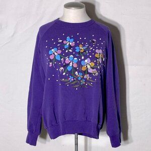 Vintage Chimp Pansy Petal Pets Purple Crew Neck Sweatshirt M